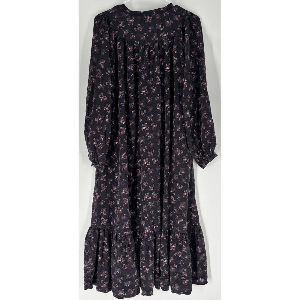 Suzie Kondi Easy Dress L Black Floral Silk Tiered Midi Boho Oversized Pockets - Picture 11 of 14
